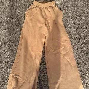 Tan Wide Leg High-Waisted Pants with Elastic Waistband